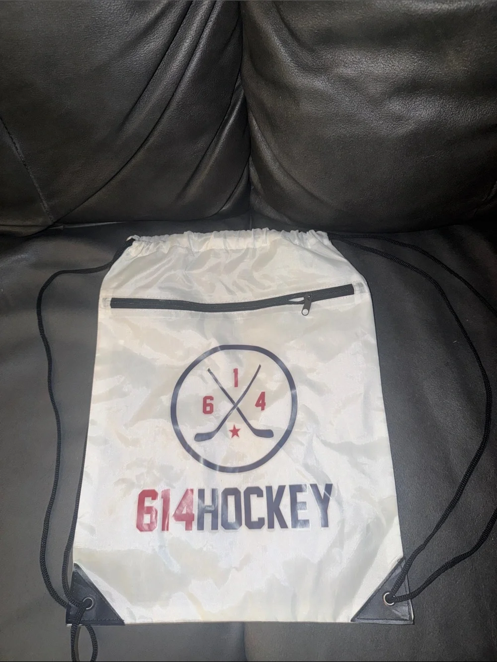 614 Hockey White Drawstring Backpack Columbus Ohio bag